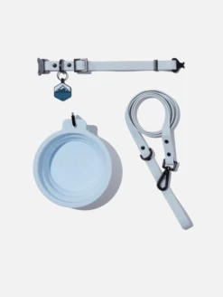 Sky Blue QALO Leash & Collar & Frost Mountain Silicone Dog ID Tag Set