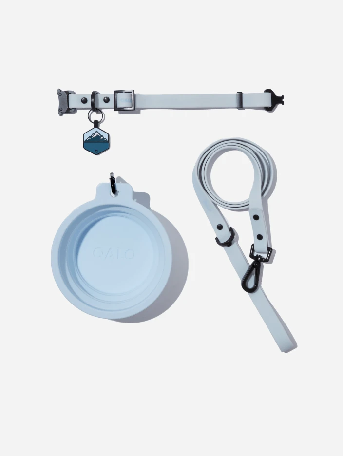 Sky Blue QALO Leash & Collar & Frost Mountain Silicone Dog ID Tag Set